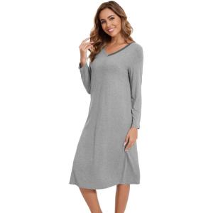 imageWiWi Nightgowns for Women Long Sleeve Night shirt Soft Sleepshirt Satin V Neck SleepwearViscose Made from Bamboo SXXLHeather Grey