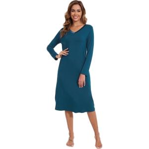 imageWiWi Nightgowns for Women Long Sleeve Night shirt Soft Sleepshirt Satin V Neck SleepwearViscose Made from Bamboo SXXLInk Blue