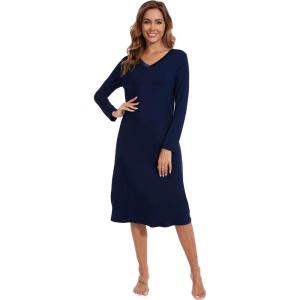 imageWiWi Nightgowns for Women Long Sleeve Night shirt Soft Sleepshirt Satin V Neck SleepwearViscose Made from Bamboo SXXLNavy