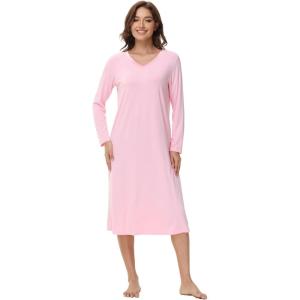 imageWiWi Nightgowns for Women Long Sleeve Night shirt Soft Sleepshirt Satin V Neck SleepwearViscose Made from Bamboo SXXLPink
