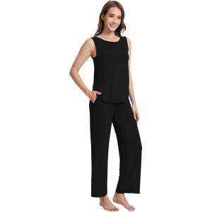 imageWiWi Pajama Set for Women Tank Top 2 Piece PJ Comfy Viscose from Bamboo Sleepwear Sleeveless Loungewear SXXLBblack