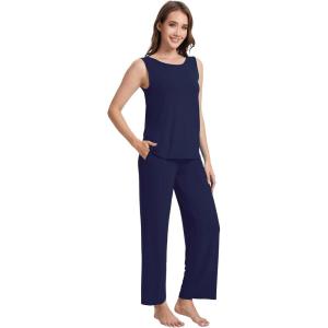 imageWiWi Pajama Set for Women Tank Top 2 Piece PJ Comfy Viscose from Bamboo Sleepwear Sleeveless Loungewear SXXLBnavy