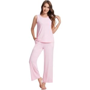 imageWiWi Pajama Set for Women Tank Top 2 Piece PJ Comfy Viscose from Bamboo Sleepwear Sleeveless Loungewear SXXLBpink