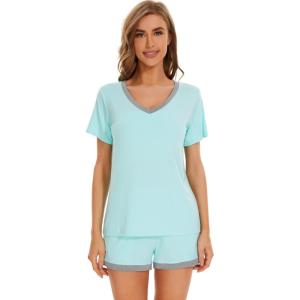 imageWiWi Pajamas Set for Women Short Sleeve Top and Shorts Pjs Set Viscose from Bamboo Ladies Summer Sleepwear SXXLAaqua