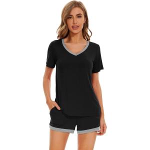 imageWiWi Pajamas Set for Women Short Sleeve Top and Shorts Pjs Set Viscose from Bamboo Ladies Summer Sleepwear SXXLAblack