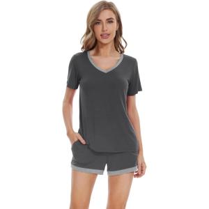 imageWiWi Pajamas Set for Women Short Sleeve Top and Shorts Pjs Set Viscose from Bamboo Ladies Summer Sleepwear SXXLAcharcoal