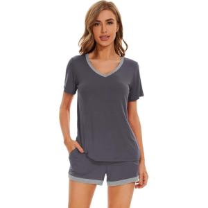 imageWiWi Pajamas Set for Women Short Sleeve Top and Shorts Pjs Set Viscose from Bamboo Ladies Summer Sleepwear SXXLAdark Grey