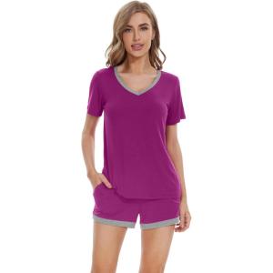 imageWiWi Pajamas Set for Women Short Sleeve Top and Shorts Pjs Set Viscose from Bamboo Ladies Summer Sleepwear SXXLAdark Reddish Purple