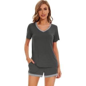 imageWiWi Pajamas Set for Women Short Sleeve Top and Shorts Pjs Set Viscose from Bamboo Ladies Summer Sleepwear SXXLAiron Grey