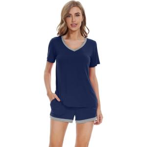 imageWiWi Pajamas Set for Women Short Sleeve Top and Shorts Pjs Set Viscose from Bamboo Ladies Summer Sleepwear SXXLAnavy