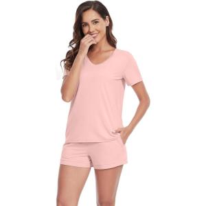 imageWiWi Pajamas Set for Women Short Sleeve Top and Shorts Pjs Set Viscose from Bamboo Ladies Summer Sleepwear SXXLApeach Pink