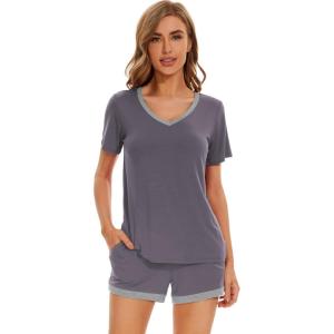 imageWiWi Pajamas Set for Women Short Sleeve Top and Shorts Pjs Set Viscose from Bamboo Ladies Summer Sleepwear SXXLApurplish Grey