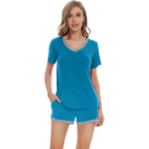 imageWiWi Pajamas Set for Women Short Sleeve Top and Shorts Pjs Set Viscose from Bamboo Ladies Summer Sleepwear SXXLAteal Blue