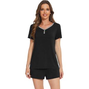 imageWiWi Pajamas Set for Women Short Sleeve Top and Shorts Pjs Set Viscose from Bamboo Ladies Summer Sleepwear SXXLBblack