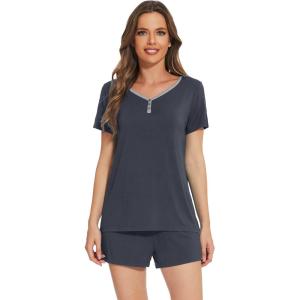 imageWiWi Pajamas Set for Women Short Sleeve Top and Shorts Pjs Set Viscose from Bamboo Ladies Summer Sleepwear SXXLBcharcoal