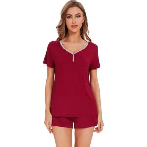 imageWiWi Pajamas Set for Women Short Sleeve Top and Shorts Pjs Set Viscose from Bamboo Ladies Summer Sleepwear SXXLBwine Red