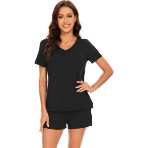 imageWiWi Pajamas Set for Women Short Sleeve Top and Shorts Pjs Set Viscose from Bamboo Ladies Summer Sleepwear SXXLCblack
