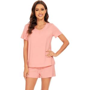 imageWiWi Pajamas Set for Women Short Sleeve Top and Shorts Pjs Set Viscose from Bamboo Ladies Summer Sleepwear SXXLCblush Pink