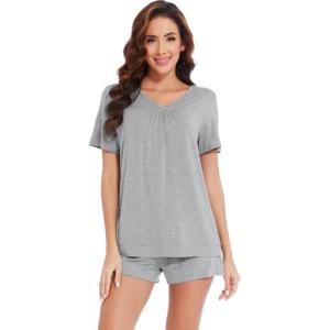 imageWiWi Pajamas Set for Women Short Sleeve Top and Shorts Pjs Set Viscose from Bamboo Ladies Summer Sleepwear SXXLCheather Grey