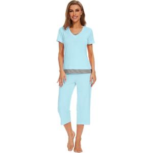 imageWiWi Pajamas Set for Women Summer Sleepwear Soft Tops Capri Pants Pjs Lounge Pajama Sets Viscose from Bamboo SXXLAaqua