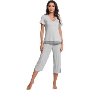 imageWiWi Pajamas Set for Women Summer Sleepwear Soft Tops Capri Pants Pjs Lounge Pajama Sets Viscose from Bamboo SXXLAash Grey