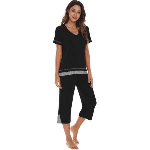 imageWiWi Pajamas Set for Women Summer Sleepwear Soft Tops Capri Pants Pjs Lounge Pajama Sets Viscose from Bamboo SXXLAblack