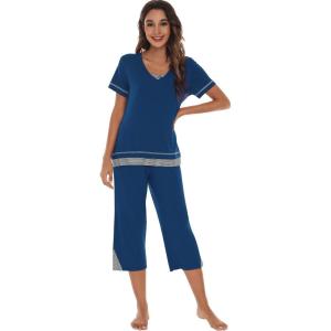 imageWiWi Pajamas Set for Women Summer Sleepwear Soft Tops Capri Pants Pjs Lounge Pajama Sets Viscose from Bamboo SXXLAink Blue