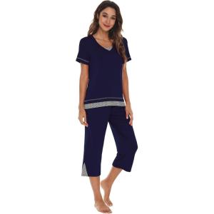 imageWiWi Pajamas Set for Women Summer Sleepwear Soft Tops Capri Pants Pjs Lounge Pajama Sets Viscose from Bamboo SXXLAnavy