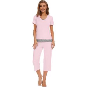 imageWiWi Pajamas Set for Women Summer Sleepwear Soft Tops Capri Pants Pjs Lounge Pajama Sets Viscose from Bamboo SXXLApink