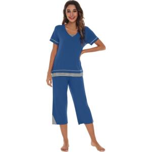 imageWiWi Pajamas Set for Women Summer Sleepwear Soft Tops Capri Pants Pjs Lounge Pajama Sets Viscose from Bamboo SXXLAprussian Blue