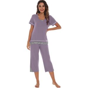 imageWiWi Pajamas Set for Women Summer Sleepwear Soft Tops Capri Pants Pjs Lounge Pajama Sets Viscose from Bamboo SXXLAviolet