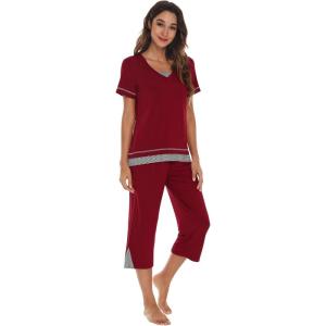 imageWiWi Pajamas Set for Women Summer Sleepwear Soft Tops Capri Pants Pjs Lounge Pajama Sets Viscose from Bamboo SXXLAwine Red