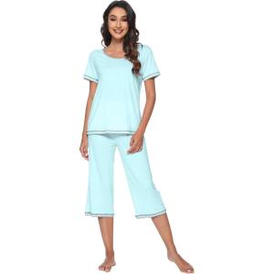 imageWiWi Pajamas Set for Women Summer Sleepwear Soft Tops Capri Pants Pjs Lounge Pajama Sets Viscose from Bamboo SXXLBaqua