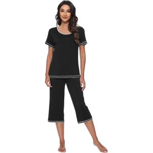 imageWiWi Pajamas Set for Women Summer Sleepwear Soft Tops Capri Pants Pjs Lounge Pajama Sets Viscose from Bamboo SXXLBblack