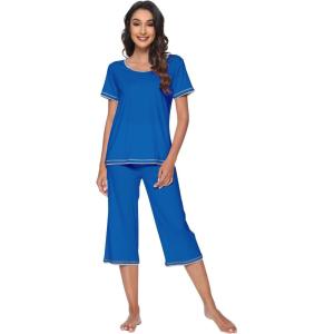imageWiWi Pajamas Set for Women Summer Sleepwear Soft Tops Capri Pants Pjs Lounge Pajama Sets Viscose from Bamboo SXXLBbright Blue