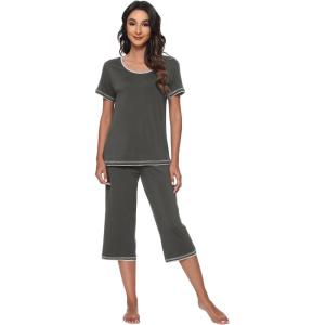 imageWiWi Pajamas Set for Women Summer Sleepwear Soft Tops Capri Pants Pjs Lounge Pajama Sets Viscose from Bamboo SXXLBiron Grey