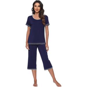 imageWiWi Pajamas Set for Women Summer Sleepwear Soft Tops Capri Pants Pjs Lounge Pajama Sets Viscose from Bamboo SXXLBnavy