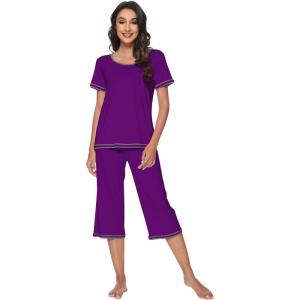 imageWiWi Pajamas Set for Women Summer Sleepwear Soft Tops Capri Pants Pjs Lounge Pajama Sets Viscose from Bamboo SXXLBpurple