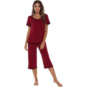 imageWiWi Pajamas Set for Women Summer Sleepwear Soft Tops Capri Pants Pjs Lounge Pajama Sets Viscose from Bamboo SXXLBwine Red