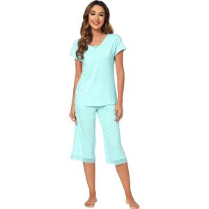imageWiWi Pajamas Set for Women Summer Sleepwear Soft Tops Capri Pants Pjs Lounge Pajama Sets Viscose from Bamboo SXXLCaqua