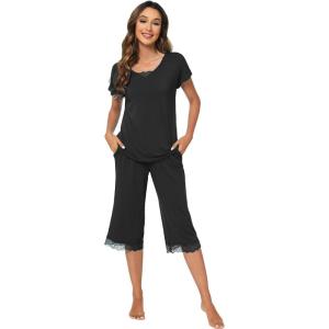 imageWiWi Pajamas Set for Women Summer Sleepwear Soft Tops Capri Pants Pjs Lounge Pajama Sets Viscose from Bamboo SXXLCblack