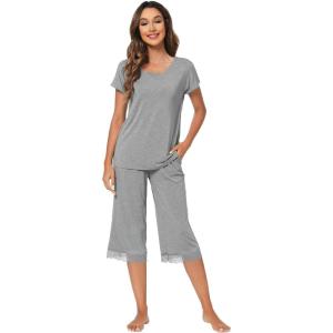 imageWiWi Pajamas Set for Women Summer Sleepwear Soft Tops Capri Pants Pjs Lounge Pajama Sets Viscose from Bamboo SXXLCheather Grey
