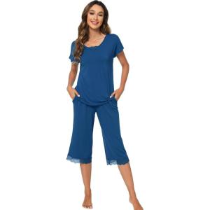 imageWiWi Pajamas Set for Women Summer Sleepwear Soft Tops Capri Pants Pjs Lounge Pajama Sets Viscose from Bamboo SXXLCink Blue