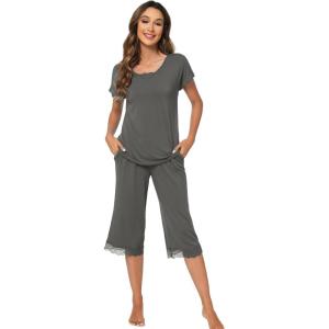 imageWiWi Pajamas Set for Women Summer Sleepwear Soft Tops Capri Pants Pjs Lounge Pajama Sets Viscose from Bamboo SXXLCiron Grey