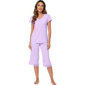 imageWiWi Pajamas Set for Women Summer Sleepwear Soft Tops Capri Pants Pjs Lounge Pajama Sets Viscose from Bamboo SXXLClight Purple