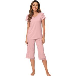 imageWiWi Pajamas Set for Women Summer Sleepwear Soft Tops Capri Pants Pjs Lounge Pajama Sets Viscose from Bamboo SXXLCmesa Rose