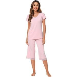 imageWiWi Pajamas Set for Women Summer Sleepwear Soft Tops Capri Pants Pjs Lounge Pajama Sets Viscose from Bamboo SXXLCpink
