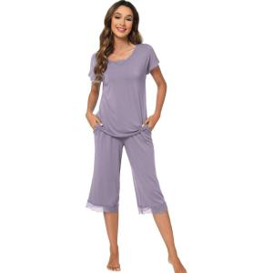imageWiWi Pajamas Set for Women Summer Sleepwear Soft Tops Capri Pants Pjs Lounge Pajama Sets Viscose from Bamboo SXXLCviolet