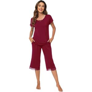 imageWiWi Pajamas Set for Women Summer Sleepwear Soft Tops Capri Pants Pjs Lounge Pajama Sets Viscose from Bamboo SXXLCwine