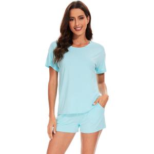 imageWiWi Pajamas for Women Soft Short Sleeve Sleepwear Cooling Pajama Set Shorts Pjs Loose Comfy Lounge Sets SXXLAaqua